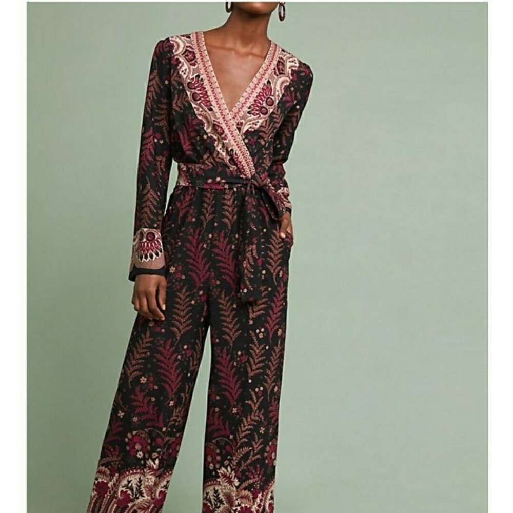 One‎ September Anthropologie Women's XS Burgundy Floral Design V Neck Jumpsuit